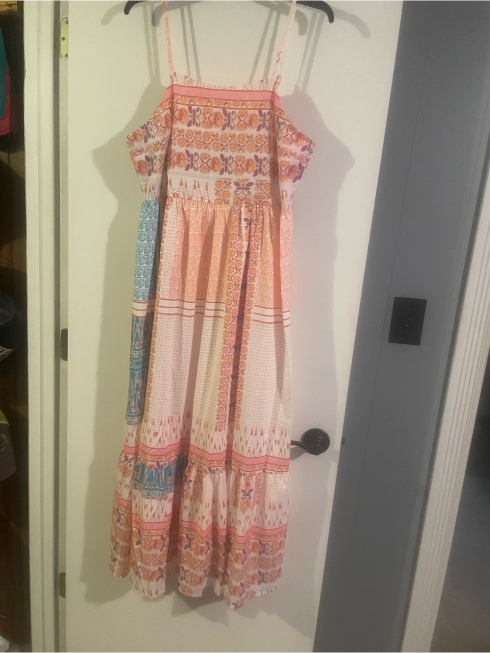 Womens Pink & Coral Patterned Maxi Dress with Blue Accents